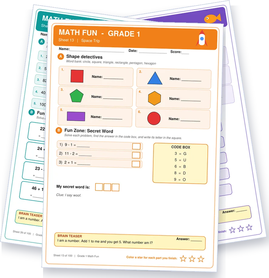 Class 1, 2 aur 3 ki asli worksheets: shapes, equal groups aur fractions